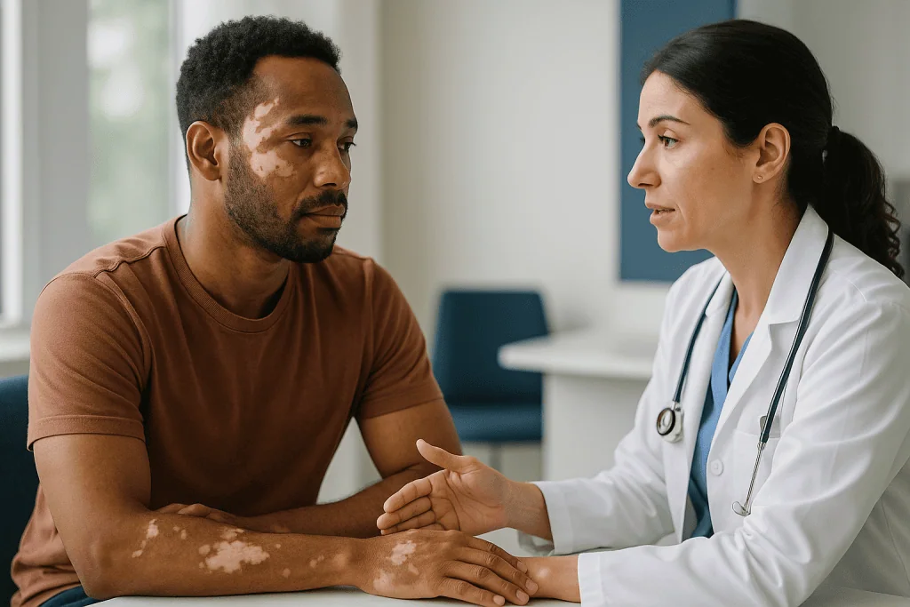 Doctor examining patient with visible vitiligo skin condition: What is actually happening in the skin when vitiligo is activ