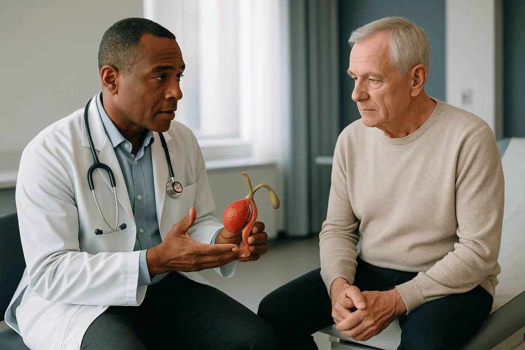 Doctor consulting elderly patient with anatomical model: What is actually happening inside an inflamed gallbladder
