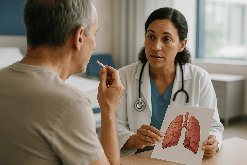 Doctor consulting patient about lungs using anatomical diagram: What is actually happening inside an irritated airway