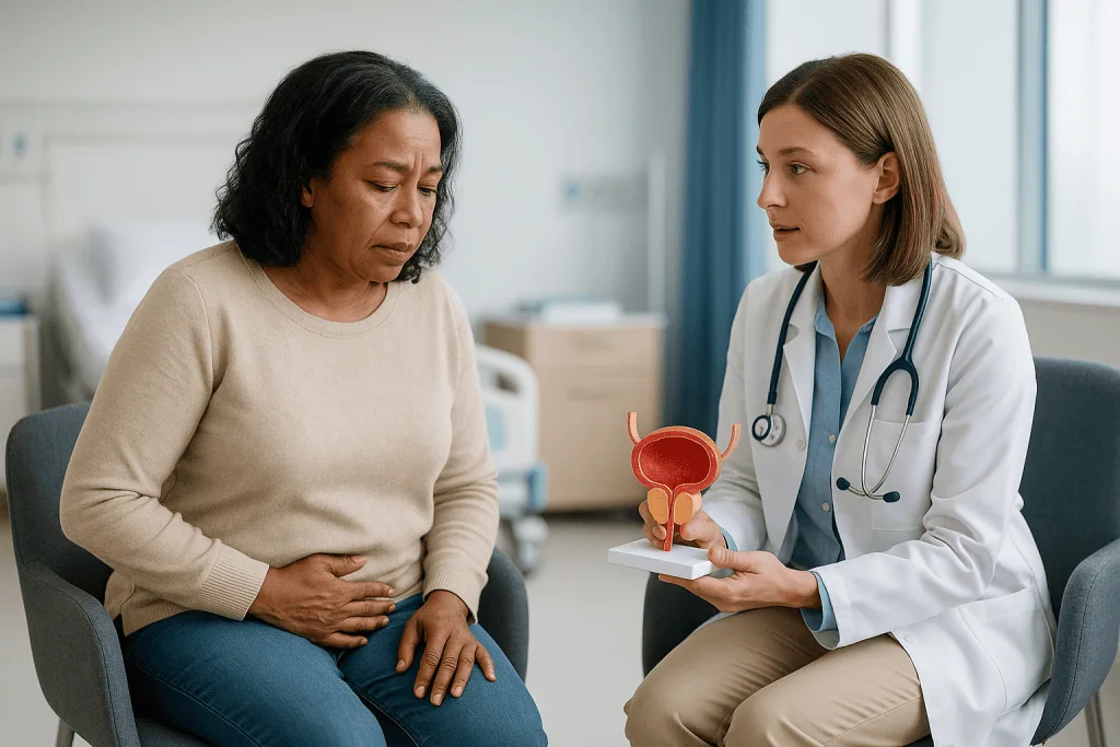 Doctor discussing bladder anatomy model with patient: What is actually happening inside an overactive bladder?