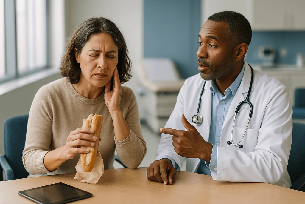 Doctor consulting patient about food/diet choices: What is actually happening inside the jaw joint when it hurts