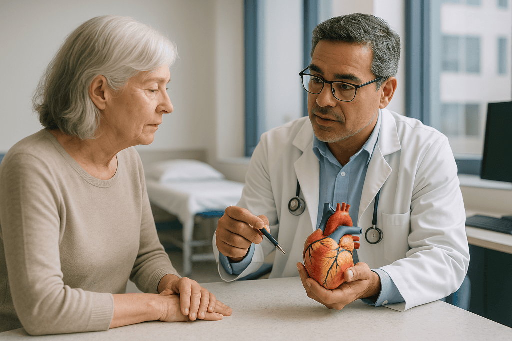 Doctor explaining heart model to elderly female patient — What is actually happening on an infected heart valve