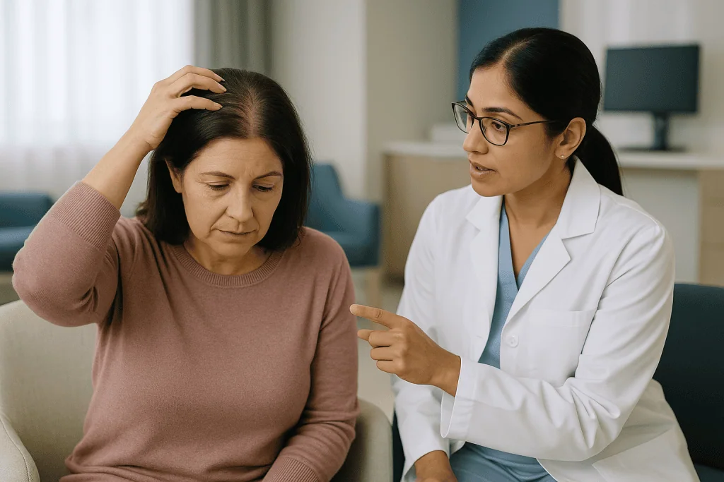 Doctor consulting with female patient about hair loss: What is actually happening to the follicles in female pattern hair lo