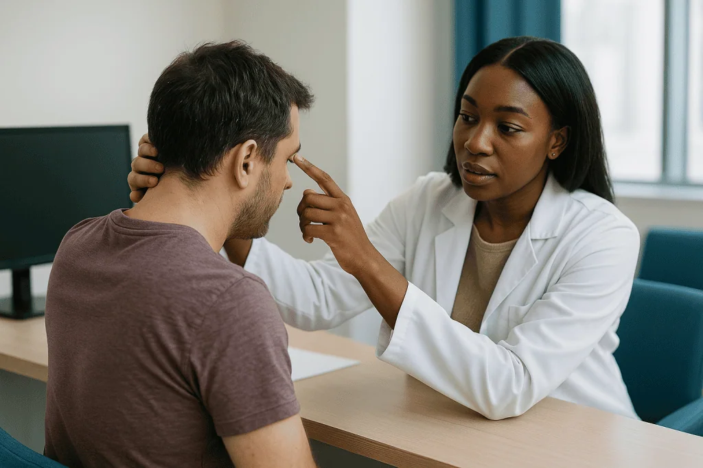 Female dermatologist examining male patient's face: What is actually happening under the flakes