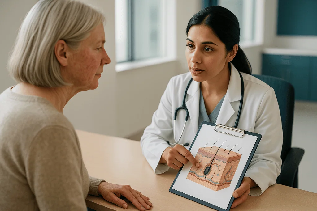 Doctor showing dermatological diagram to older patient — What is actually happening under the skin