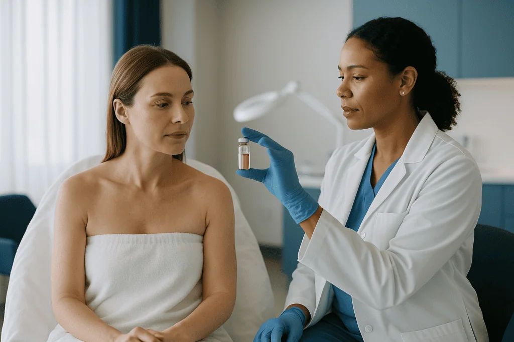 Medical professional showing vial to patient in clinic: What is actually in the vial?