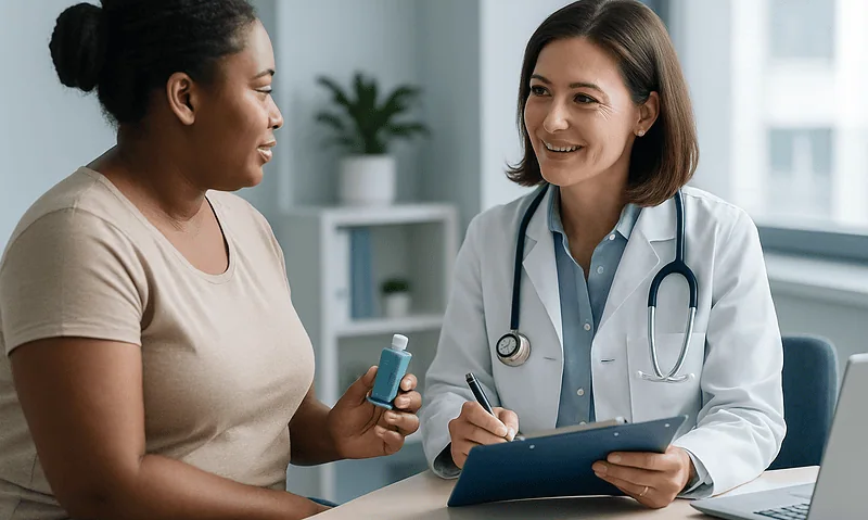 Doctor discussing asthma management with patient in clinic.