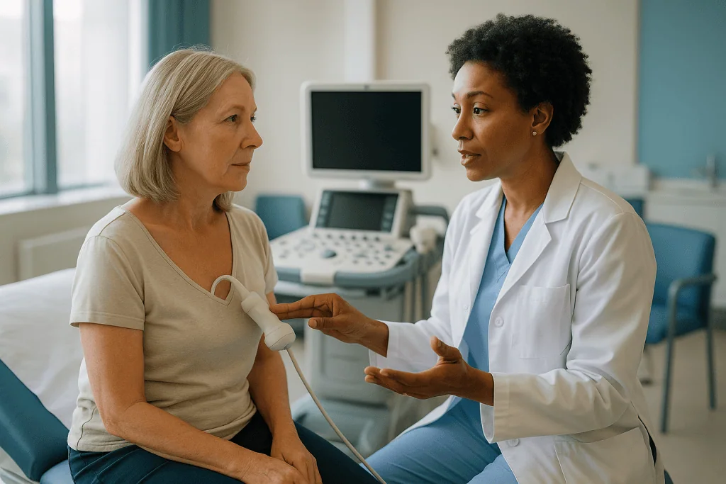 Female doctor performing ultrasound examination on mature patient — What is an echocardiogram, and how does ultrasound actual