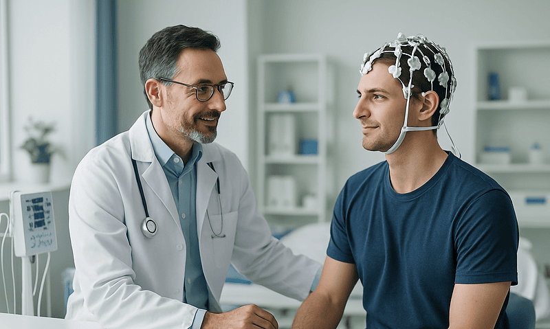 Doctor explains EEG procedure to patient in a clinical setting.