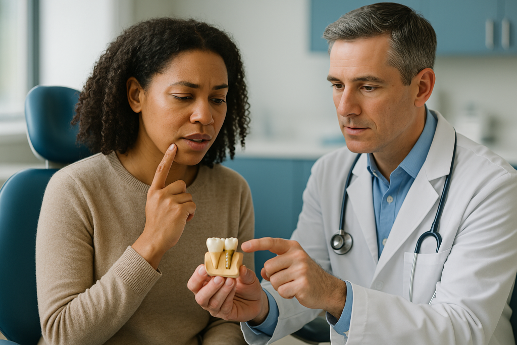Dentist showing dental restoration model to patient: What is an onlay tooth restoration compared with a filling?