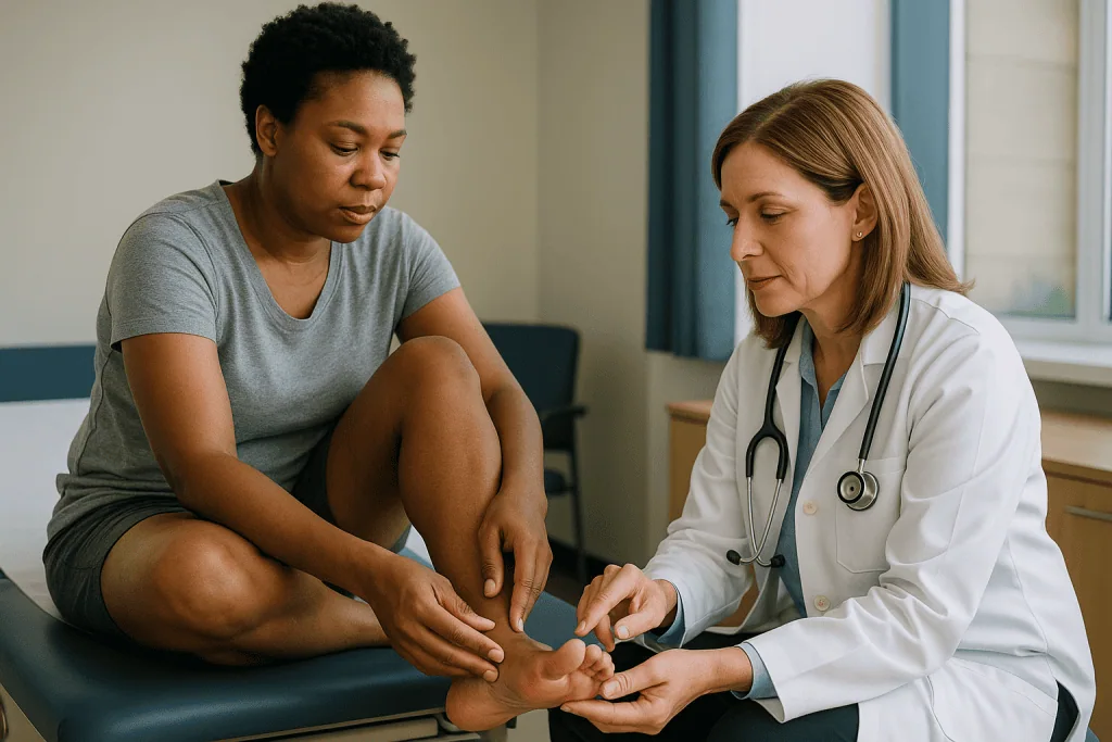 Doctor examining patient's foot for fungal infection: What is athlete's foot, and how is it linked to nail fungus?