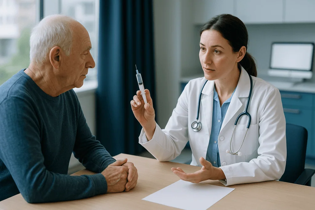 Doctor showing syringe to elderly patient in consultation: What is BCG and why is it placed inside the bladder?