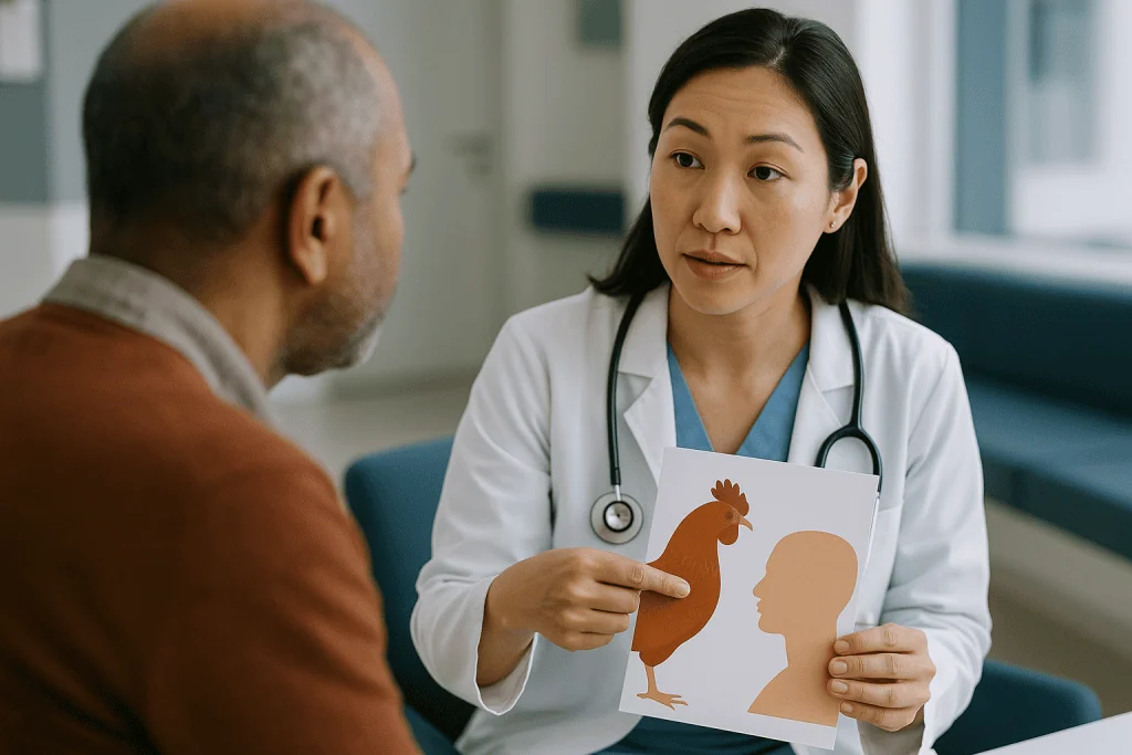 Doctor explaining rooster and human head diagram to patient: What is bird flu, and why is H5N1 the strain everyone names?