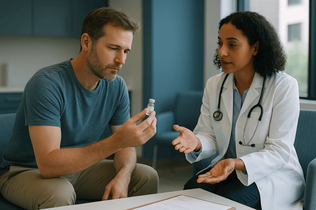 Doctor consulting patient about medication in clinic — What is BPC-157, exactly?