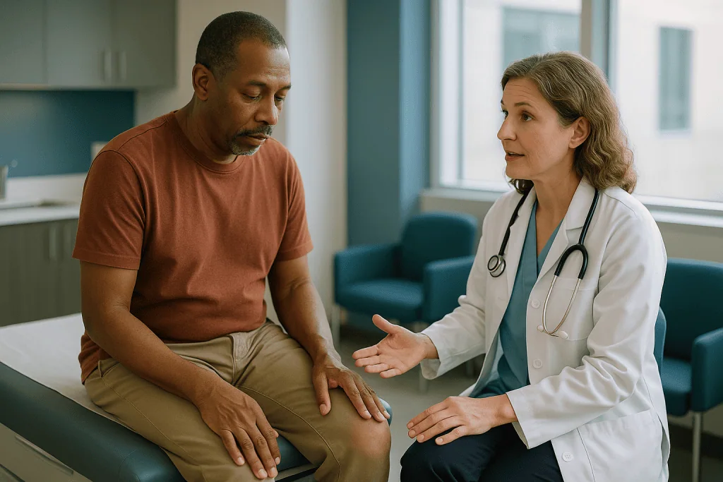 Doctor consulting with male patient in clinical setting: What is bursa aspiration, and why would a doctor suggest it?