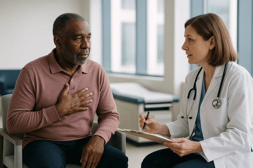Doctor consulting with male patient about chest symptoms: What is cardiac sarcoidosis, and is it serious?