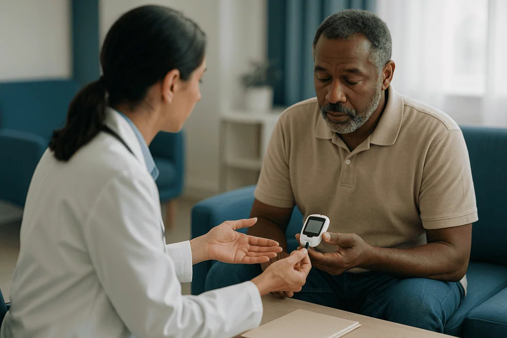 Healthcare provider showing glucose meter to patient: What is chronic autonomic neuropathy, and which symptoms do doctors as