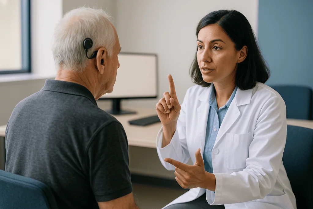 Doctor consulting elderly patient wearing hearing aid device: What is cochlear implant rehabilitation, and who is on the tea