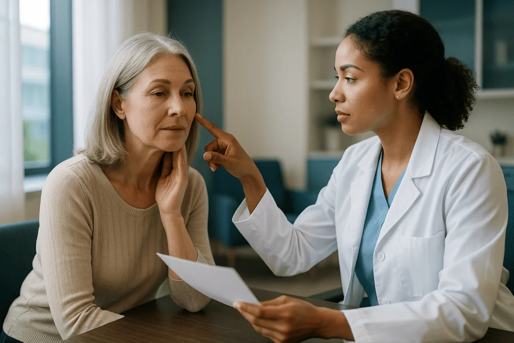 Doctor consulting with older female patient indoors: What is collagen, and why does the face lose it?