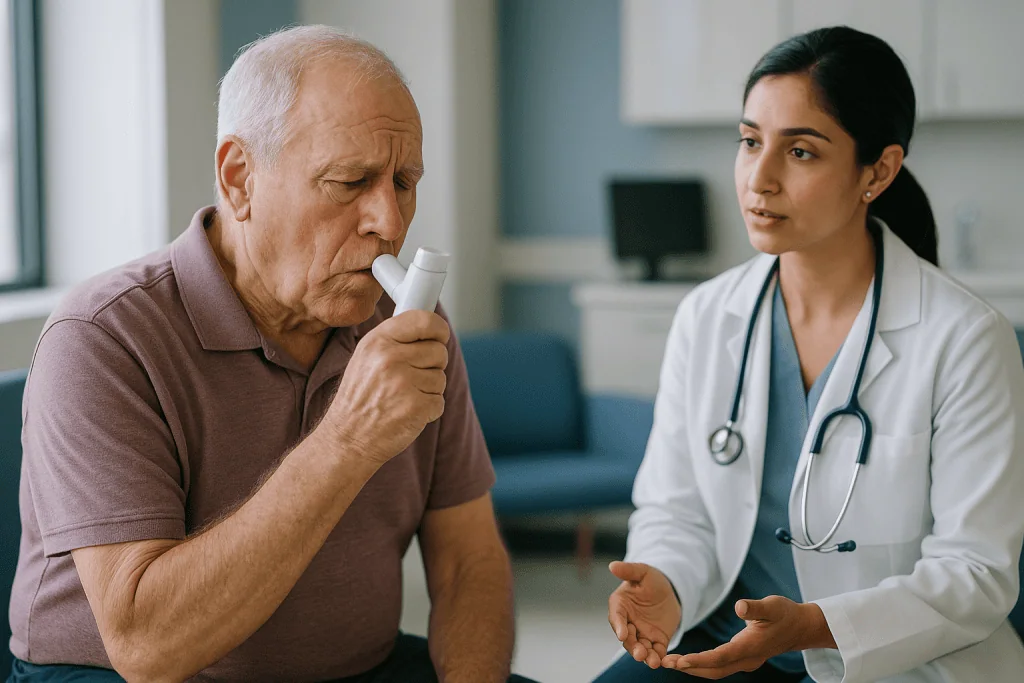 Senior patient using inhaler during consultation with doctor: What is COPD, and why does "obstructive" matter?