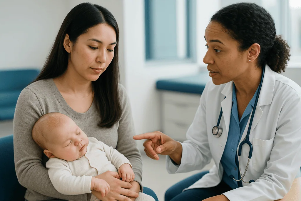 Doctor consulting mother holding sleeping newborn infant: What is cradle cap caused by?