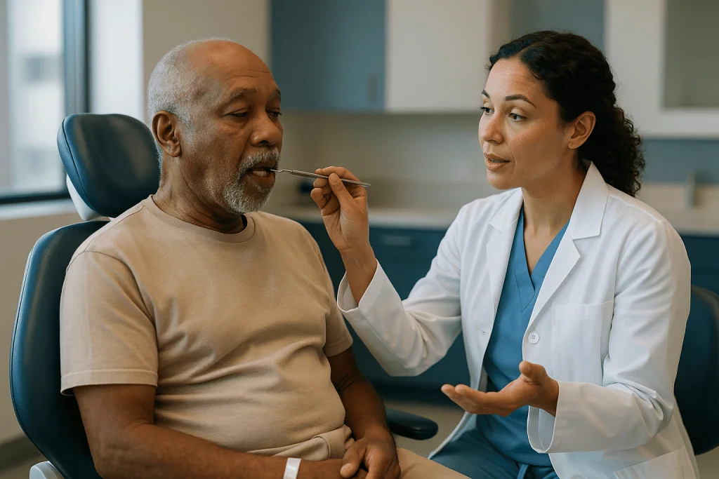 Doctor examining patient's throat with tongue depressor: What is dental clearance for heart surgery, and what actually happe
