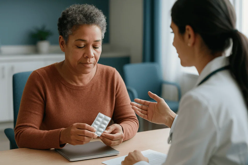 Healthcare provider consulting patient about medication — What is disease-modifying therapy for MS and how does it work?