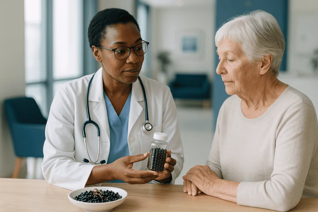 Doctor consulting elderly patient about medication bottle: What is elderberry, and what is actually in it?