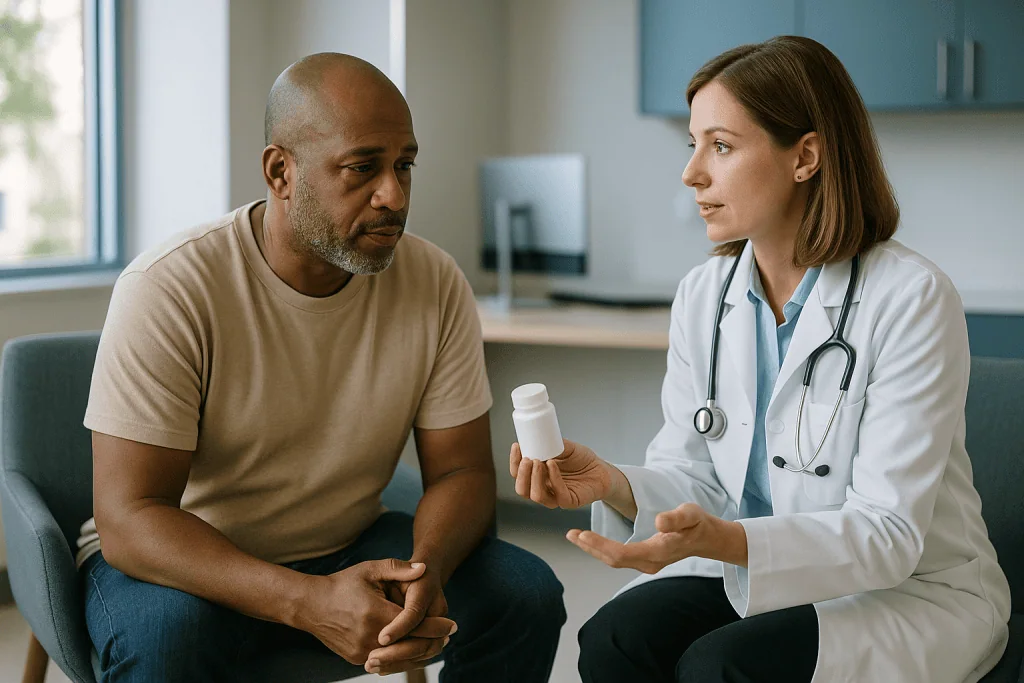 Doctor consulting patient about medication in clinic: What is enclomiphene, and how does it differ from clomiphene?