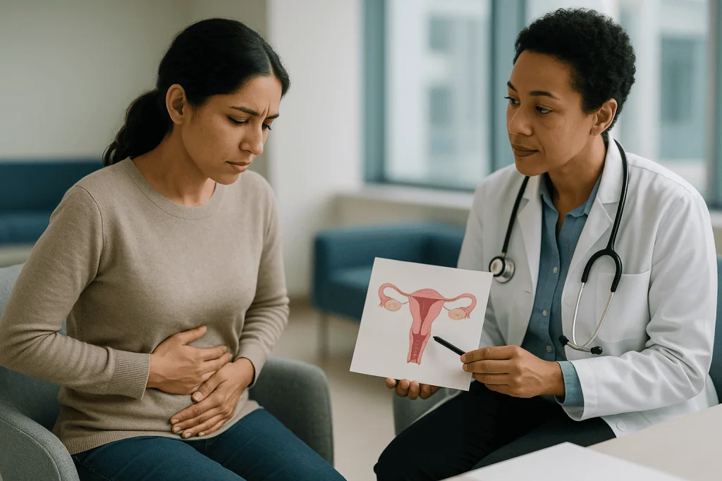 Female doctor consulting patient about reproductive system diagram: What is endometriosis, and how does it affect fertility?