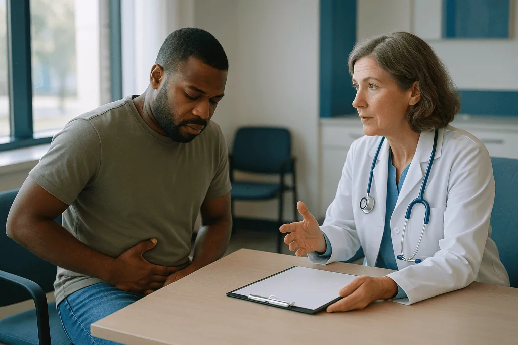 Doctor consulting with male patient about abdominal pain: What is epididymitis caused by, and why the cause shapes the follo
