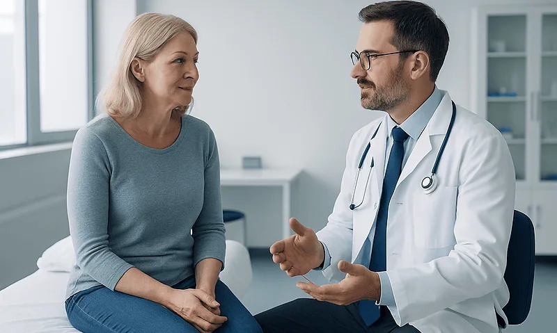 Doctor consulting with a middle-aged woman in a medical office.