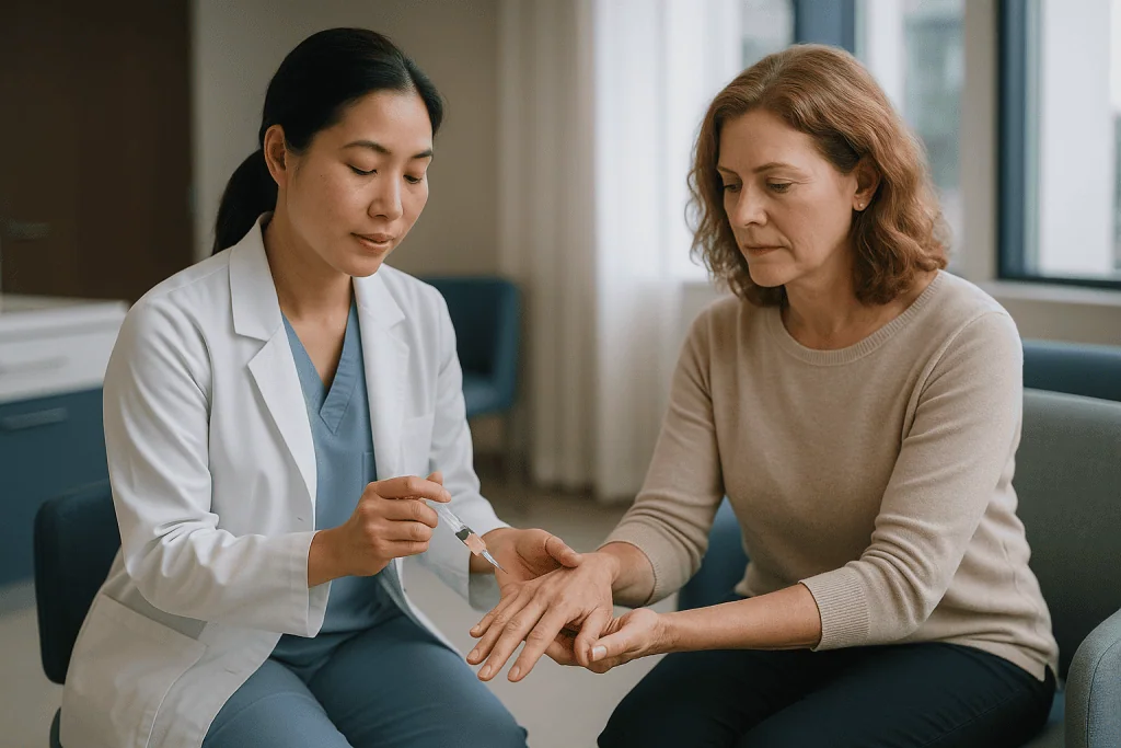 Healthcare provider examining patient's hand during consultation: What is fat grafting to the hands, step by step?
