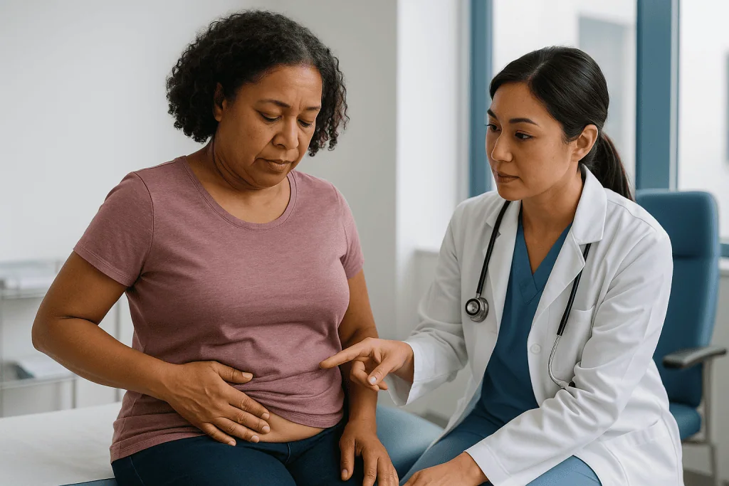 Doctor examining patient abdomen during general consultation: What is fat necrosis after fat transfer, and why does it form 