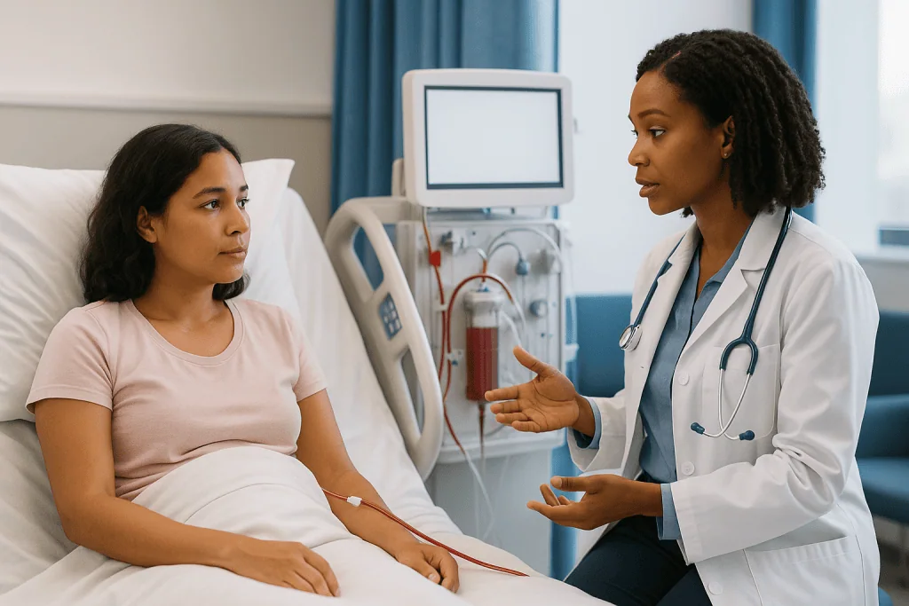 Pregnant woman in hospital bed consulting with doctor: What is happening inside the body during HUS?