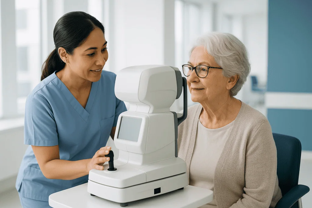 What Is Included in a Cataract Surgery Package in Turkey? 1 Optometrist performing eye examination on elderly woman with advanced equipment.