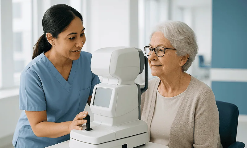 Optometrist performing eye examination on elderly woman with advanced equipment.