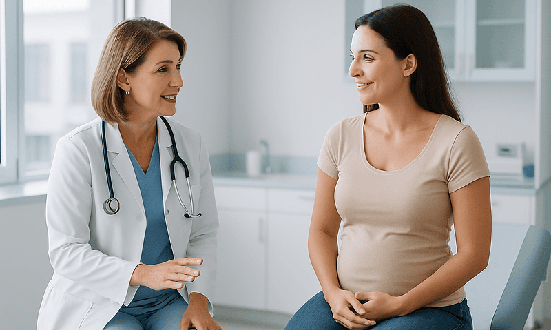 Pregnant woman consulting with a doctor in a medical clinic.