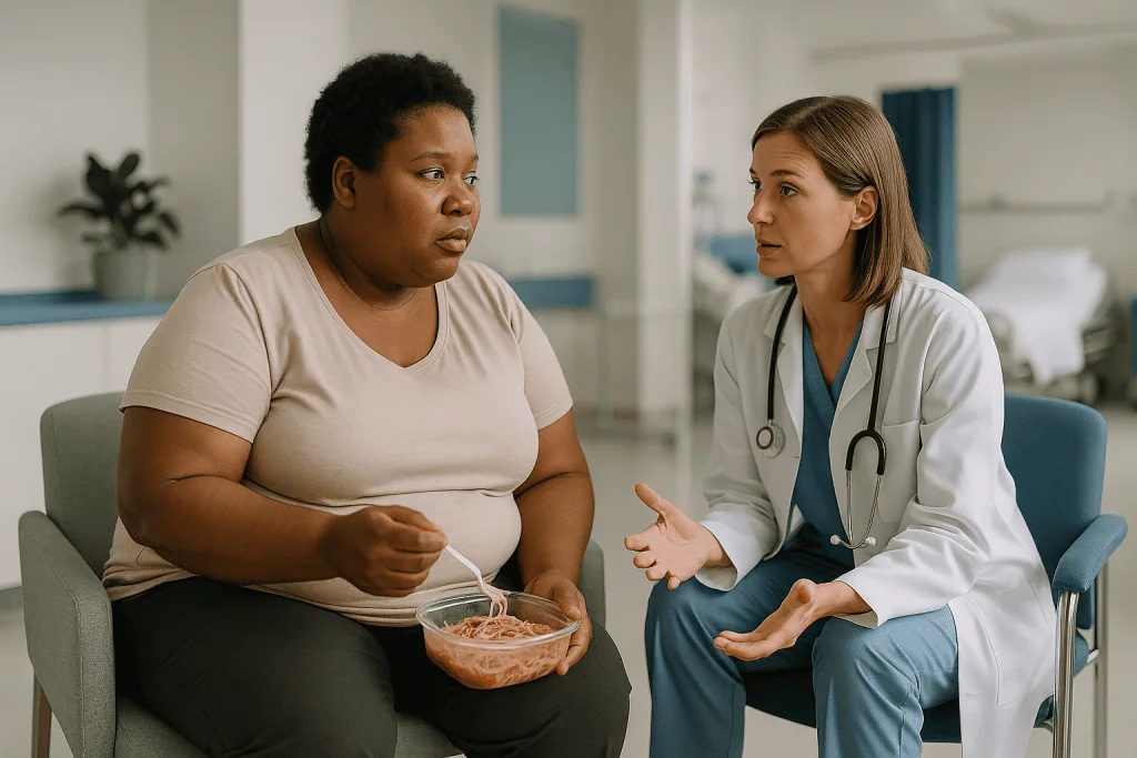 Doctor consulting pregnant patient holding food bowl: What is insulin resistance, in plain terms?