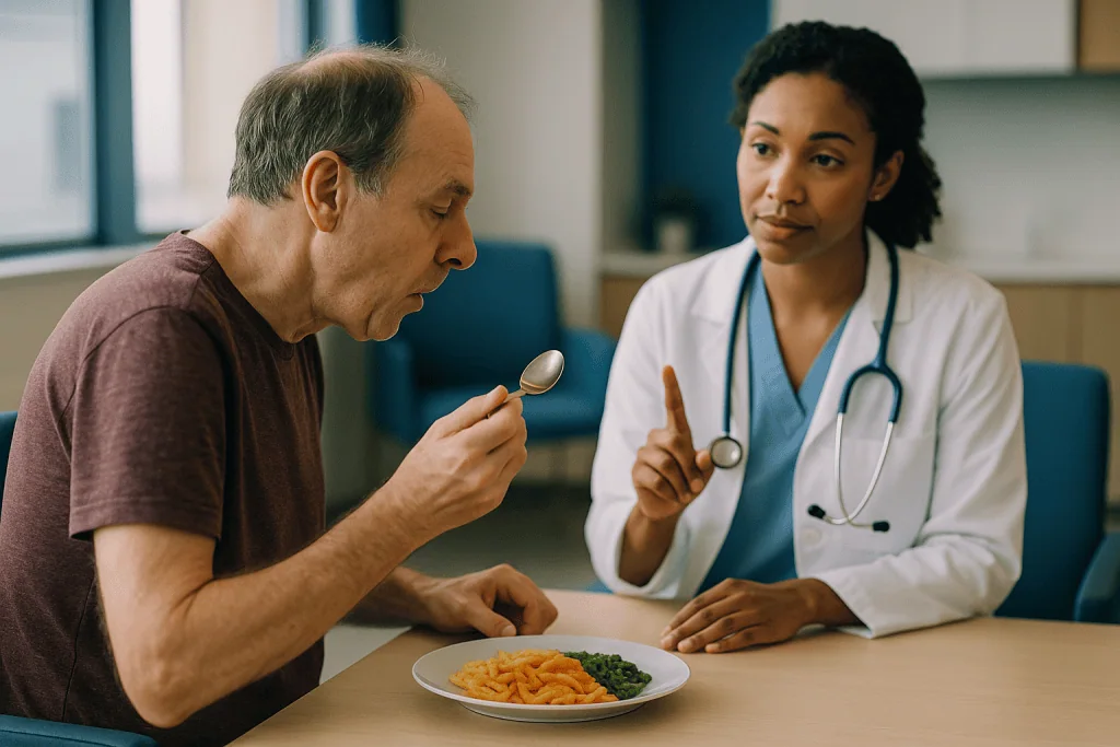 Doctor consulting patient about meal with french fries: What is it like living with Huntington's disease from one year to th