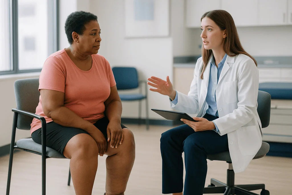 Doctor consulting with patient in clinical setting — What is lymphedema, and what is actually happening under the skin?