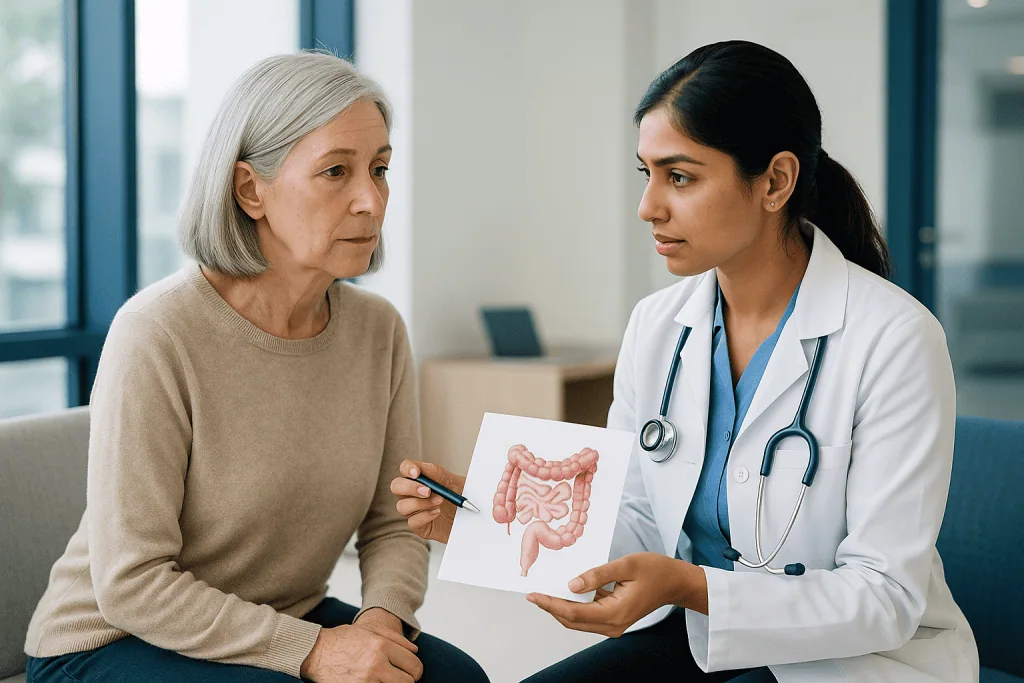 Doctor discussing digestive system anatomy with older patient: What is Lynch syndrome, in plain language?