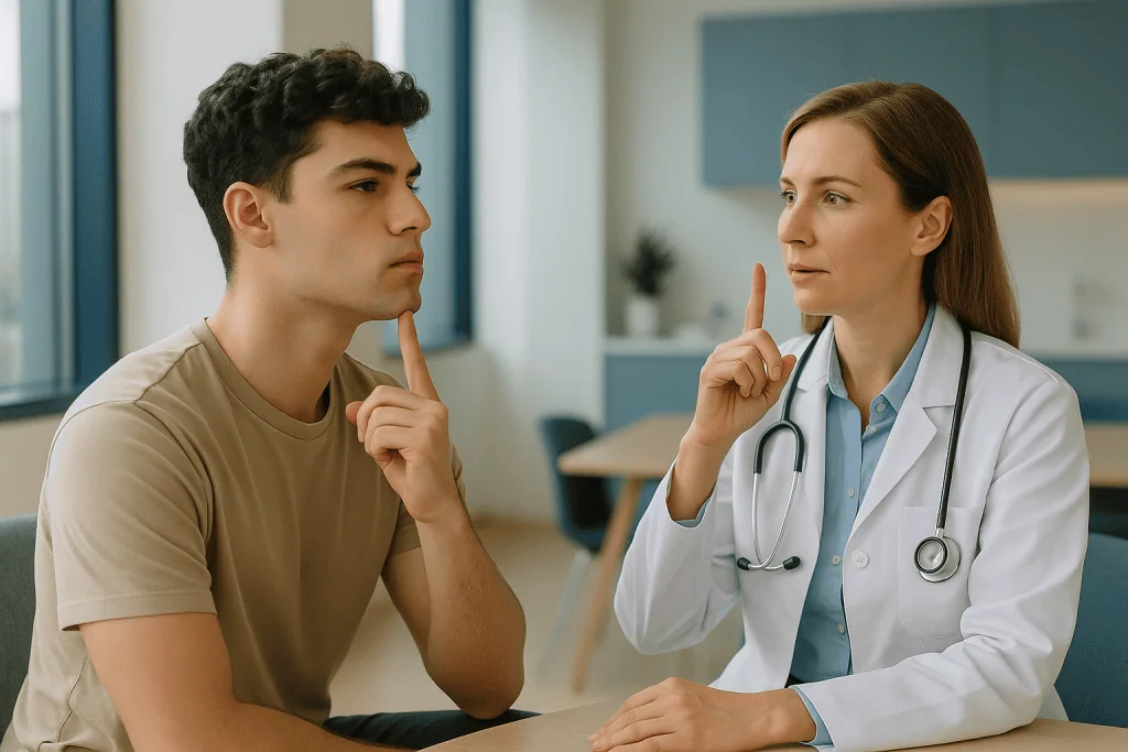 Doctor consulting with young male patient in clinic — What is mewing in Gen Z slang?