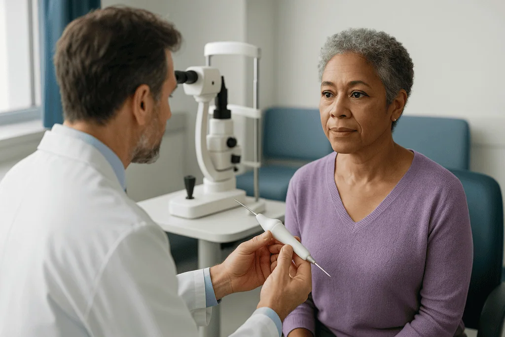 Ophthalmologist examining patient with tonometer at slit lamp: What is MIGS, and what is the least invasive glaucoma surgery