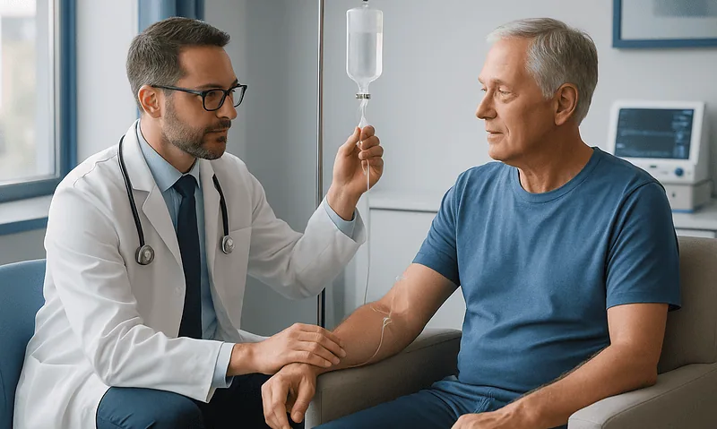 Doctor monitoring elderly patient's IV therapy in hospital room.