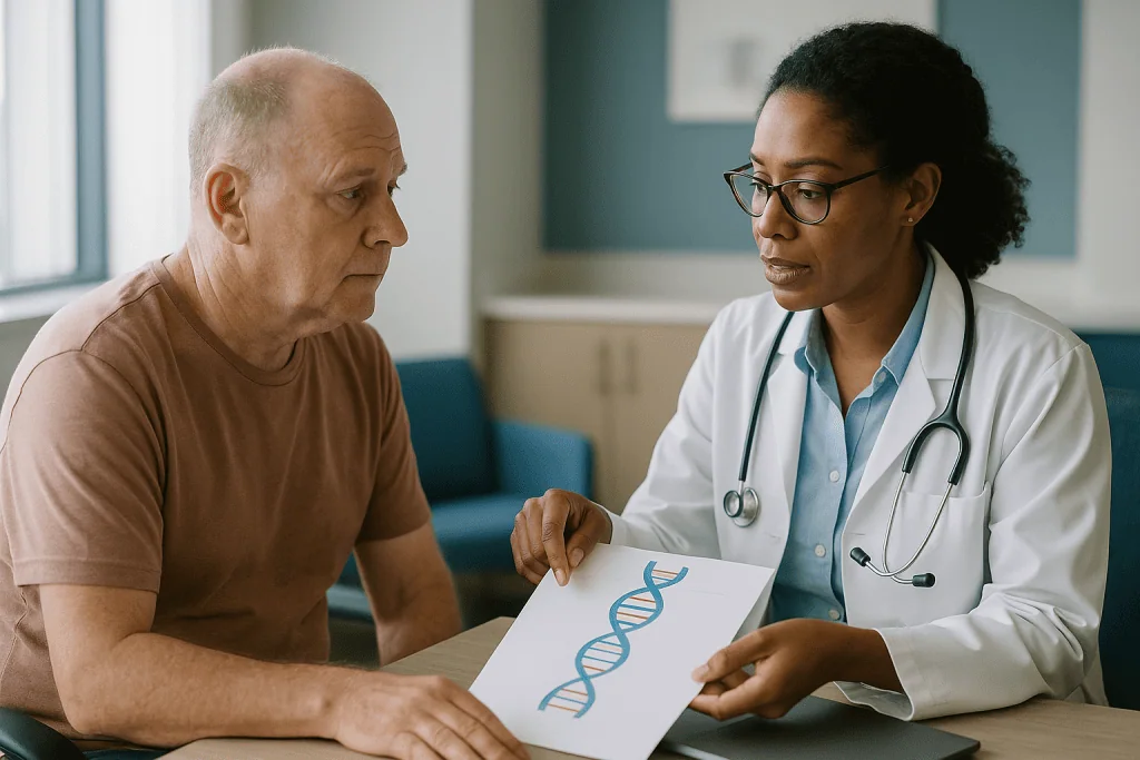 Doctor consulting with older male patient about DNA results: What is mutation testing for melanoma, and what does BRAF mean?