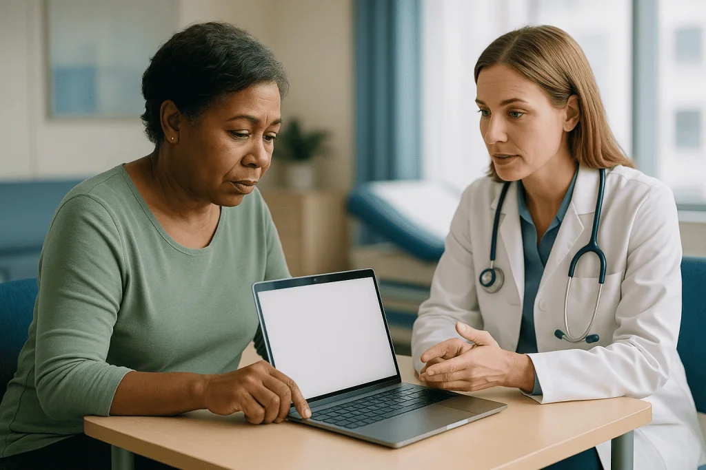 Doctor and patient reviewing medical data on laptop together: What is my patient portal, exactly?