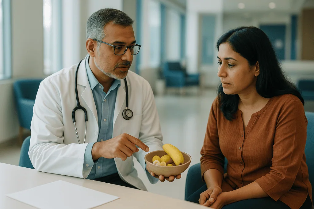 Doctor discussing fruit bowl with female patient — What is Nipah virus and where did it come from?
