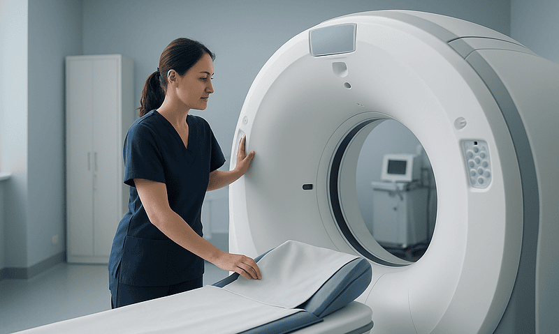 Female healthcare professional preparing a CT scan machine in a medical facility.