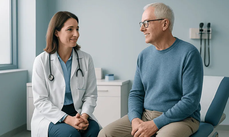 Doctor consulting with an elderly male patient in a clinic room.